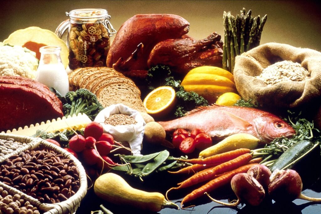 Various protein sources including meat, fish, nuts, and beans